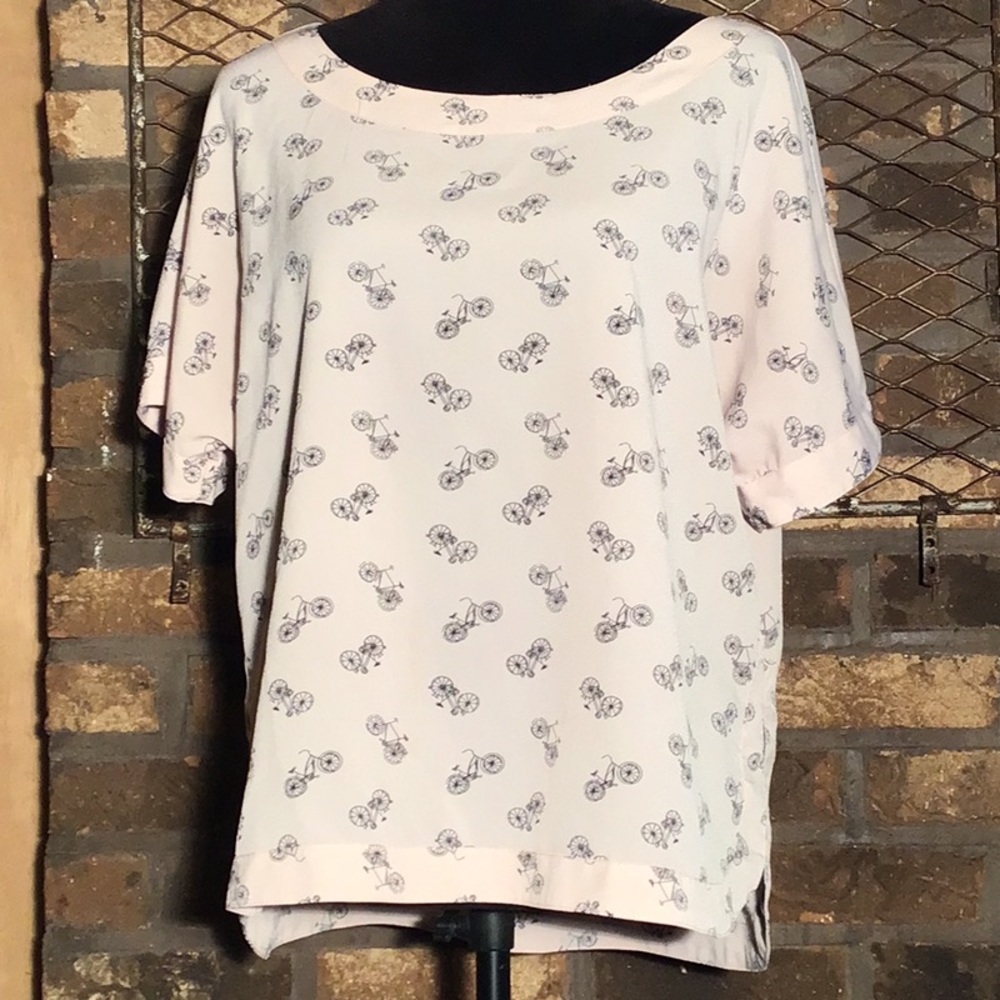 Poraphrase short sleeve blouse semi sheer pink bicycle print L